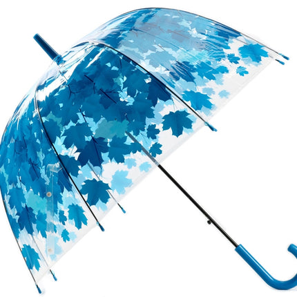 Green Leaf Transparent Umbrella Straight Rod Crooked Umbrella(Blue)-garmade.com
