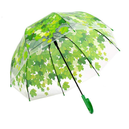 Green Leaf Transparent Umbrella Straight Rod Crooked Umbrella(Green)-garmade.com