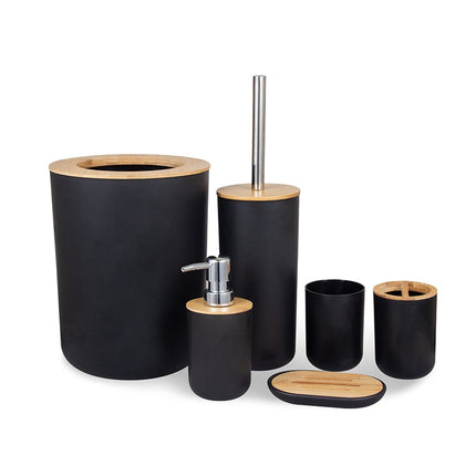 6 In 1 Toothbrush Holder Kit Toiletries Bamboo Wood Bathroom Trash Can Bathroom Set(Black)-garmade.com