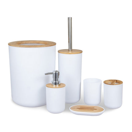 6 In 1 Toothbrush Holder Kit Toiletries Bamboo Wood Bathroom Trash Can Bathroom Set(White)-garmade.com