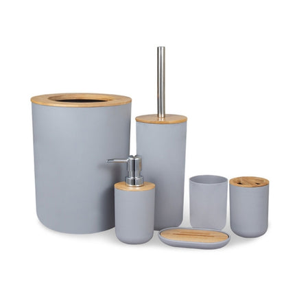 6 In 1 Toothbrush Holder Kit Toiletries Bamboo Wood Bathroom Trash Can Bathroom Set(Gray)-garmade.com