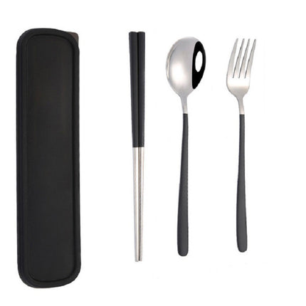 3pcs / Set Portable Stainless Steel Tableware Creative Set Chopsticks Spoon Fork Gift, Color:Black-garmade.com