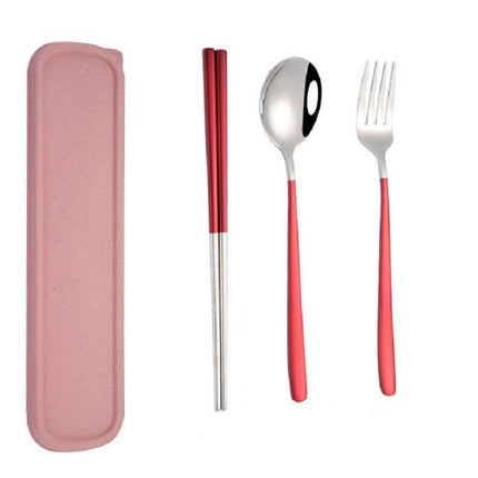 3pcs / Set Portable Stainless Steel Tableware Creative Set Chopsticks Spoon Fork Gift, Color:Red-garmade.com