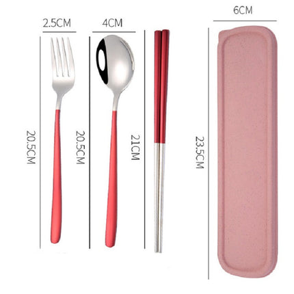 3pcs / Set Portable Stainless Steel Tableware Creative Set Chopsticks Spoon Fork Gift, Color:Red-garmade.com