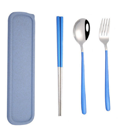 3pcs / Set Portable Stainless Steel Tableware Creative Set Chopsticks Spoon Fork Gift, Color:Blue-garmade.com