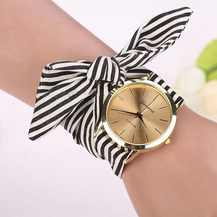 Women Fashion Striped Fabric Strap Quartz Watch(Black)-garmade.com