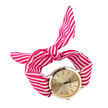 Women Fashion Striped Fabric Strap Quartz Watch(Rose red)-garmade.com