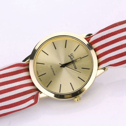 Women Fashion Striped Fabric Strap Quartz Watch(Rose red)-garmade.com