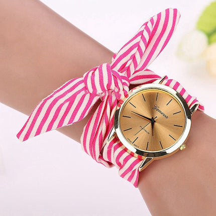 Women Fashion Striped Fabric Strap Quartz Watch(Rose red)-garmade.com