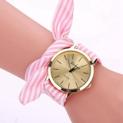 Women Fashion Striped Fabric Strap Quartz Watch(Pink)-garmade.com