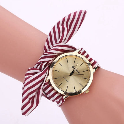 Women Fashion Striped Fabric Strap Quartz Watch(Red)-garmade.com