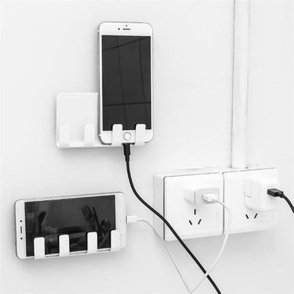 Practical Wall Sticking Phone Charging Holder Socket Strong Sticky Adhesive Sopport Rack Shelf With Hooks(White)-garmade.com