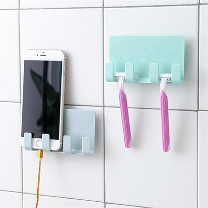 Practical Wall Sticking Phone Charging Holder Socket Strong Sticky Adhesive Sopport Rack Shelf With Hooks(Khaki)-garmade.com