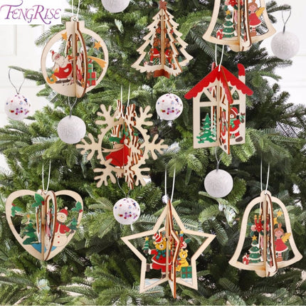 3D Christmas Wooden Pendant Christmas Tree Ornament DIY Santa Xmas Tree Decoration(Bell)-garmade.com