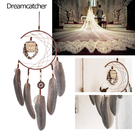 Simple Owl Wind Chime Dream Catcher Natural Feather Wall Hanging Home Interior-garmade.com