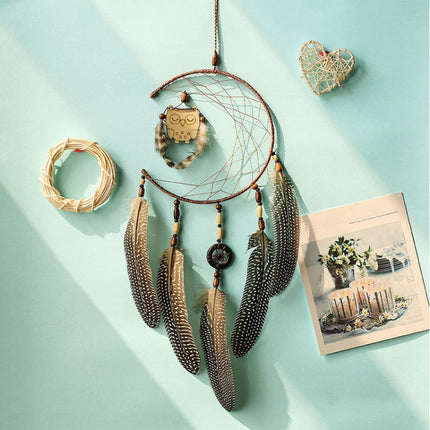 Simple Owl Wind Chime Dream Catcher Natural Feather Wall Hanging Home Interior-garmade.com