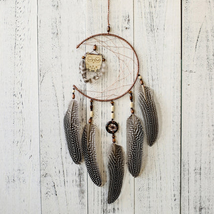 Simple Owl Wind Chime Dream Catcher Natural Feather Wall Hanging Home Interior-garmade.com