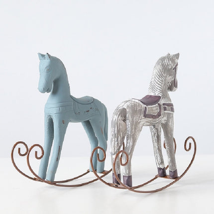 Trojan Horse Statue Wedding Decor Wood Horse Retro Home Decoration Accessories(Blue)-garmade.com
