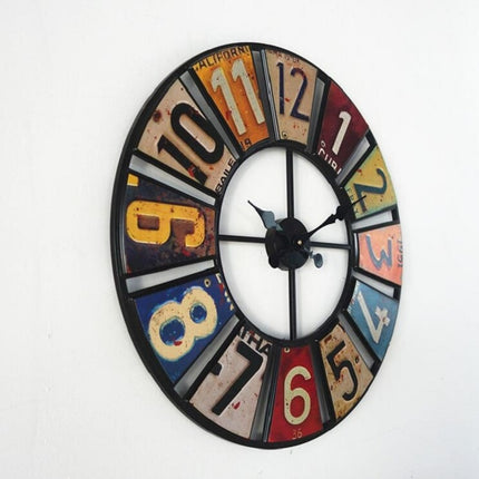 Digital Round Retro Wall Clock Creative License Plate Wrought Iron Decorative Clock(Colorful)-garmade.com