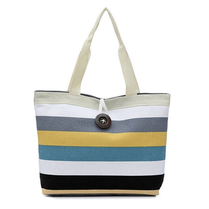 Color Canvas Stripe Contrast Color Shoulder Bag Large Capacity Handbag Green Shopping Bag(White)-garmade.com