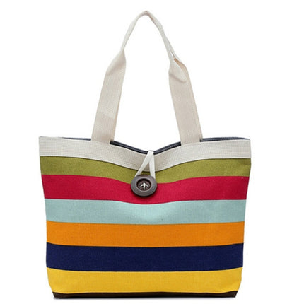 Color Canvas Stripe Contrast Color Shoulder Bag Large Capacity Handbag Green Shopping Bag(Yellow)-garmade.com