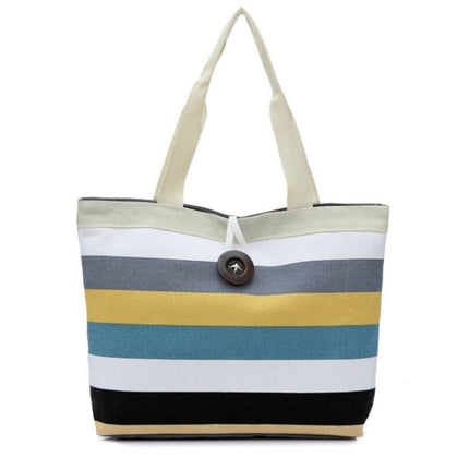 Color Canvas Stripe Contrast Color Shoulder Bag Large Capacity Handbag Green Shopping Bag(Dark Gray)-garmade.com