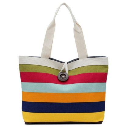 Color Canvas Stripe Contrast Color Shoulder Bag Large Capacity Handbag Green Shopping Bag(Purple)-garmade.com