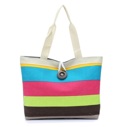 Color Canvas Stripe Contrast Color Shoulder Bag Large Capacity Handbag Green Shopping Bag(Purple)-garmade.com