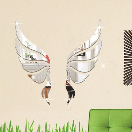 Crystal Three Dimensional Decorative Wall Stickers Angel Wings Bedroom Decorative Mirror(Silver)-garmade.com