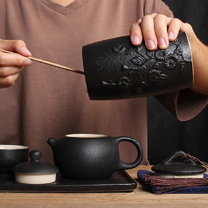Plum Flower Pattern Stoneware Tea Cans Storage Tanks Ceramic Tea Set Tea Ceremony Accessories(Black)-garmade.com