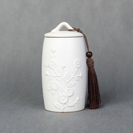 Chrysanthemum Pattern Stoneware Tea Cans Storage Tanks Ceramic Tea Set Tea Ceremony Accessories(White)-garmade.com