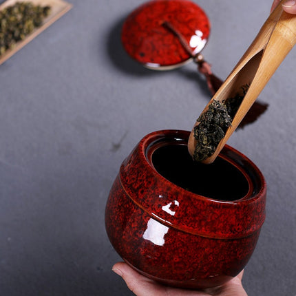 Kiln Transmutation Ceramic Mini Tea Pot Storage Moisture-proof Can Sealed Tea Tank (Red)-garmade.com