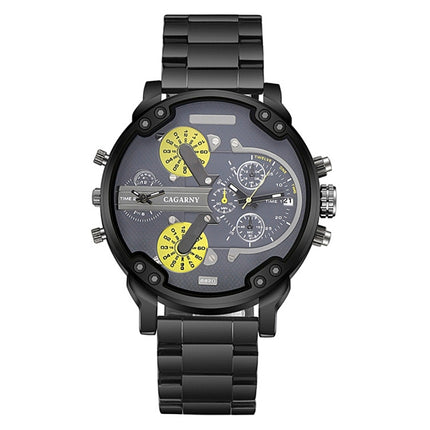 CAGARNY 6820 Fashionable Business Style Large Dial Dual Time Zone Quartz Movement Wrist Watch with Stainless Steel Band & Calendar Function for Men(Black Band Yellow Needle)-garmade.com