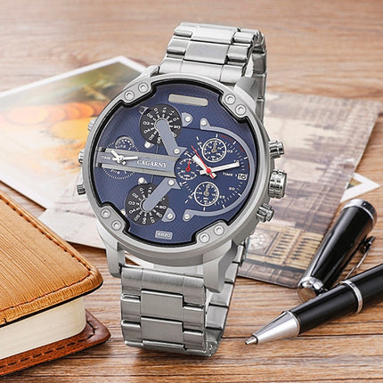 CAGARNY 6820 Fashionable Business Style Large Dial Dual Time Zone Quar0tz Movement Wrist Watch with Stainless Steel Band & Calendar Function for Men(Silver Band Blue Window)-garmade.com