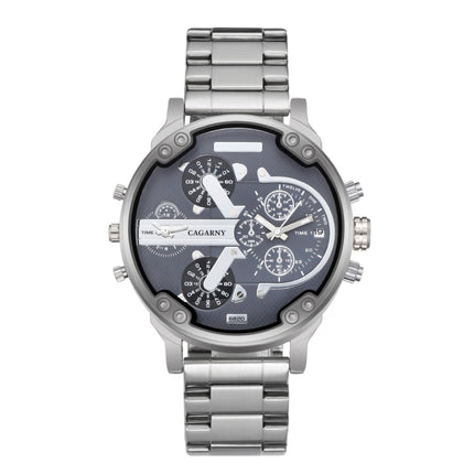 CAGARNY 6820 Fashionable Business Style Large Dial Dual Time Zone Quartz Movement Wrist Watch with Stainless Steel Band & Calendar Function for Men(Silver Band Grey Window)-garmade.com