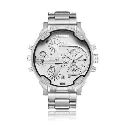 CAGARNY 6820 Fashionable Business Style Large Dial Dual Time Zone Quartz Movement Wrist Watch with Stainless Steel Band & Calendar Function for Men(Steel Band White Window)-garmade.com