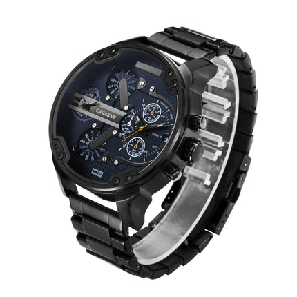 CAGARNY 6820 Fashionable Business Style Large Dial Dual Time Zone Quartz Movement Wrist Watch with Stainless Steel Band & Calendar Function for Men((Black Steel Band Blue Window)-garmade.com