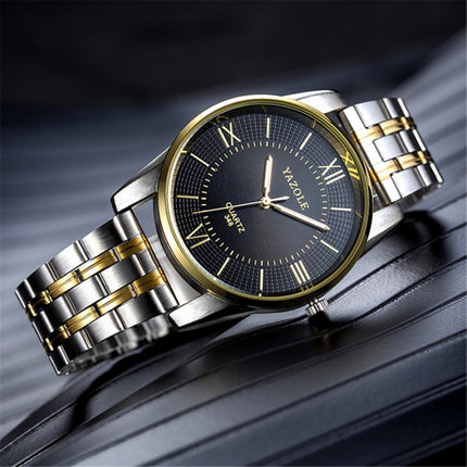YAZOLE 348 Men Fashion Business Steel Strap Band Quartz Wrist Watch, Luminous Points (Black)-garmade.com