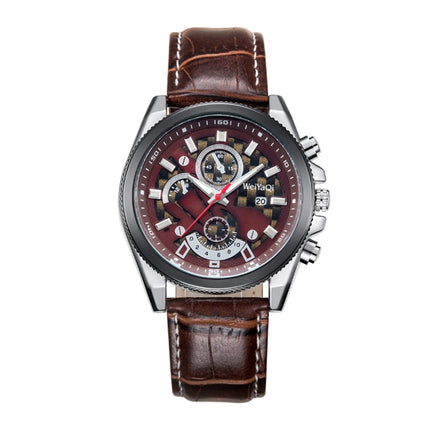 WeiYaQi 89032 Fashion Quartz Movement Wrist Watch with Leather Band(Brown + Wind Red)-garmade.com