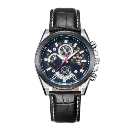 WeiYaQi 89032 Fashion Quartz Movement Wrist Watch with Leather Band(Black + Dark Blue)-garmade.com