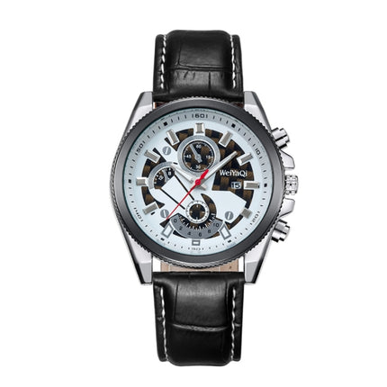 WeiYaQi 89032 Fashion Quartz Movement Wrist Watch with Leather Band(Black + White)-garmade.com
