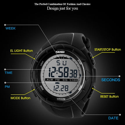 SKMEI 1025 Multifunctional Female Outdoor Fashion Waterproof Large Dial Silicone Watchband Wrist Watch(Black)-garmade.com
