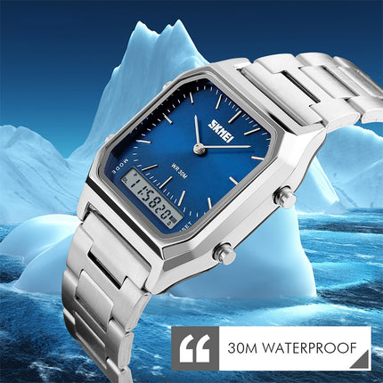 SKMEI 1220 Multifunctional Men Outdoor Business Noctilucent Waterproof Double Display Steel Watchband Wrist Watch (Black)-garmade.com