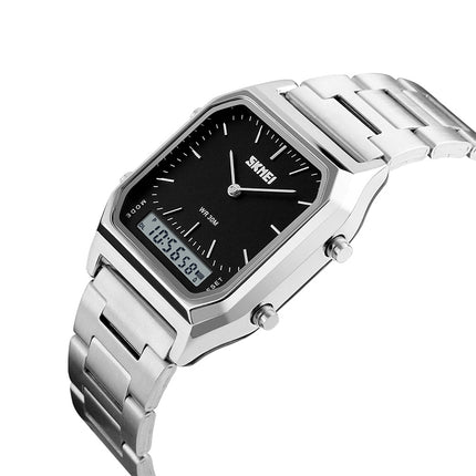 SKMEI 1220 Multifunctional Men Outdoor Business Noctilucent Waterproof Double Display Steel Watchband Wrist Watch (Black)-garmade.com