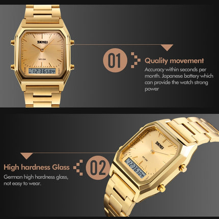 SKMEI 1220 Multifunctional Men Outdoor Business Noctilucent Waterproof Double Display Steel Watchband Wrist Watch(Gold)-garmade.com
