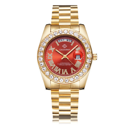 CAGARNY 6866 Fashion Life Waterproof Gold Steel Band Quartz Watch (Red)-garmade.com