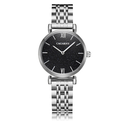 CAGARNY 6880 Fashion Life Waterproof Black Background Silver Steel Band Quartz Watch-garmade.com