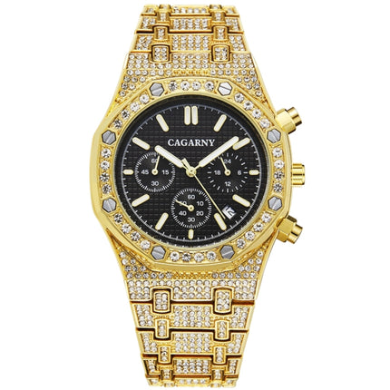 CAGARNY 6881 Diamond-studded Six-needles Guartz Dual Movement Watch Men Stainless Steel Strap Watch (Gold Shell Black Dial)-garmade.com