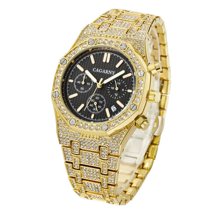 CAGARNY 6881 Diamond-studded Six-needles Guartz Dual Movement Watch Men Stainless Steel Strap Watch (Gold Shell Black Dial)-garmade.com