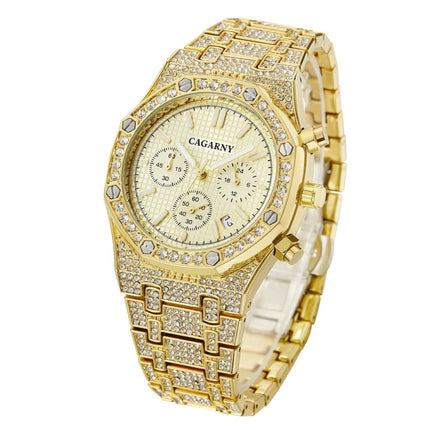 CAGARNY 6881 Diamond-studded Six-needles Guartz Dual Movement Watch Men Stainless Steel Strap Watch (Gold Shell Gold Dial)-garmade.com